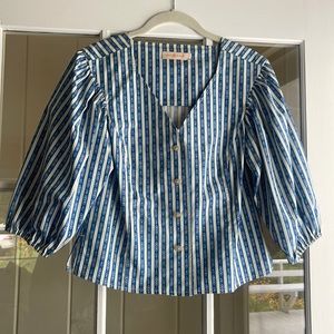 Tory Burch Size 2 Blue and White Stripe Blouse